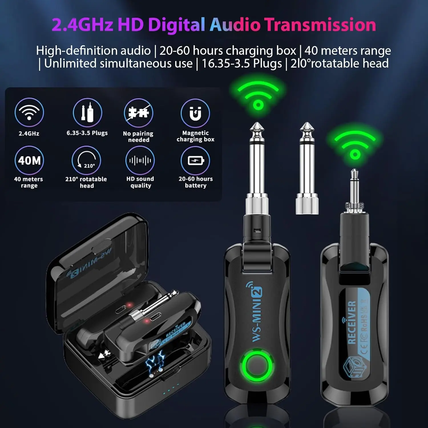 

2.4G Wireless Audio Kit, Wireless Guitar Audio Transmission System, 4-Channel HD Sound, 210-Degree Swivel, Plug & Play, Black,