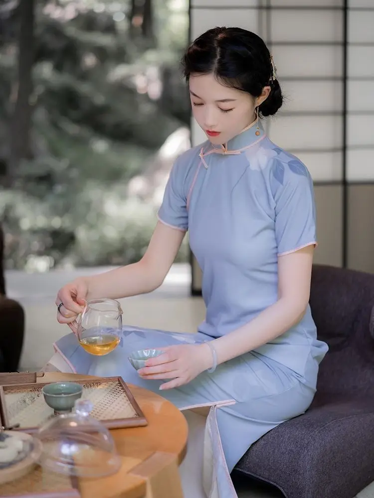 Spring Summer Modified Cheongsam Chinese Dress Standing Collar Short Sleeve Slim Qipao Woman Elegant Vintage Qipao Dress