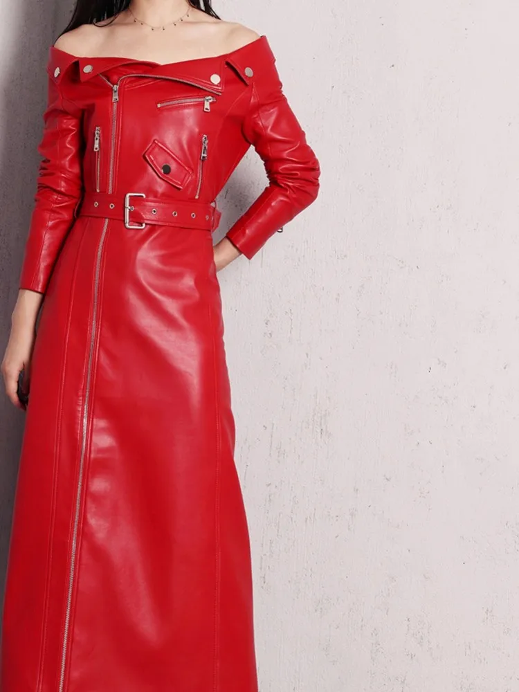 Sexy Red Women Slash Neck Motorcycle Sheepskin Genuine Leather Dress Autumn Zipper Belt Slim Fit High Split Mid Calf Long Dress