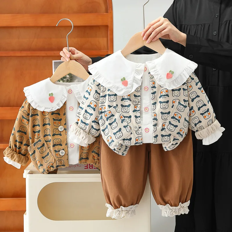 

Весенне-осенний комплект для малышей: хлопковая куртка на пуговицах, рубашка и кружевные брюки, 3 предмета, детский спортивный костюм, наряд для детей 1-6 лет