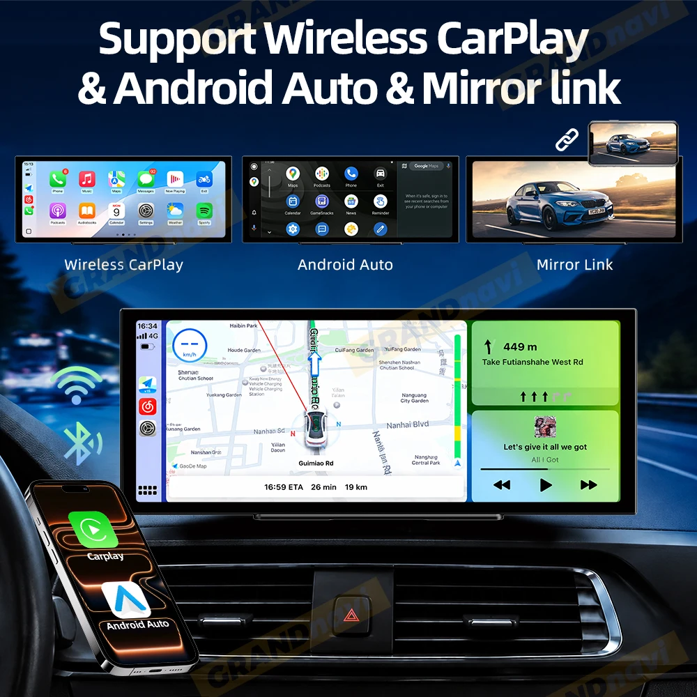 Cámara para salpicadero de 12,3 pulgadas, 4K, 1080P, grabadora de vídeo para coche con conexión inalámbrica, compatible con Carplay y Android Auto, GPS, pantalla táctil IPS.