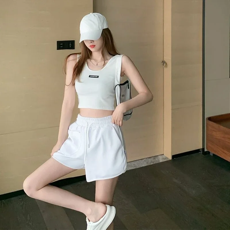 

Elastic Waist SkinnyAlphabet Female Shorts White Ank Top Stylish Bottom Luxury Summer Fashion 2025 Women's Short Sets 2 Pieces