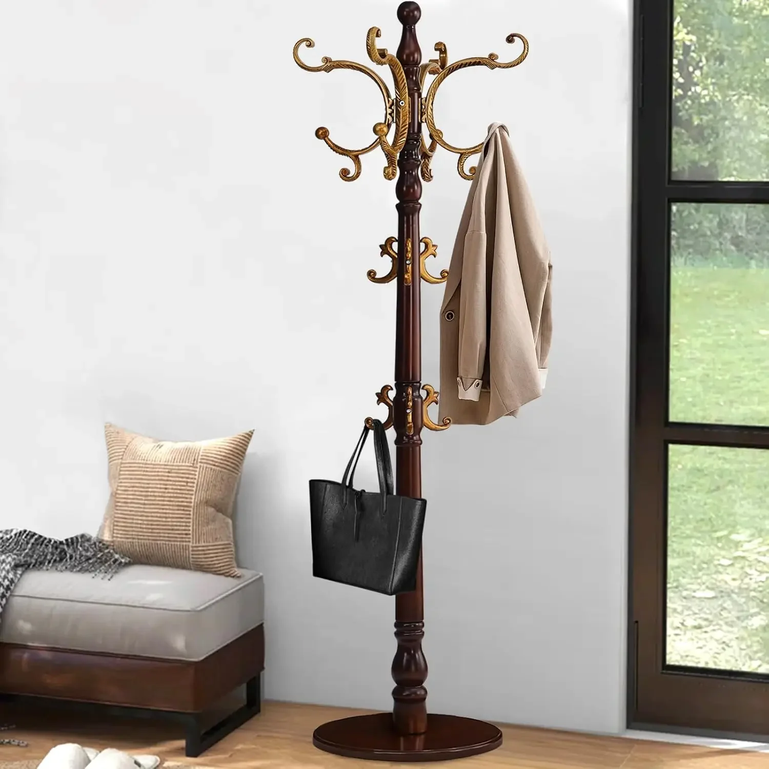 Wooden Coat Tree with Stable Round Base, Vintage Heavy Duty Coat Rack Stand with 14 Hooks, Coat Hanger Stand for Bedroom, Office