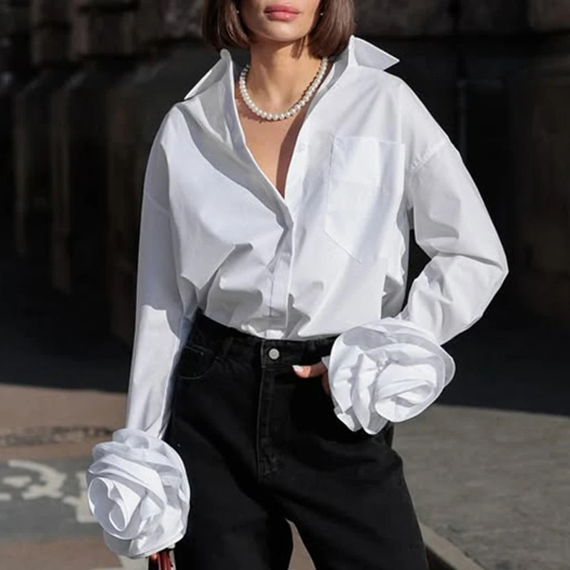

Female Lapel Long Sleeve Casual Shirt Women Three-dimensional Flowers Attached Cotton Blouse Top New French Style White Shirt