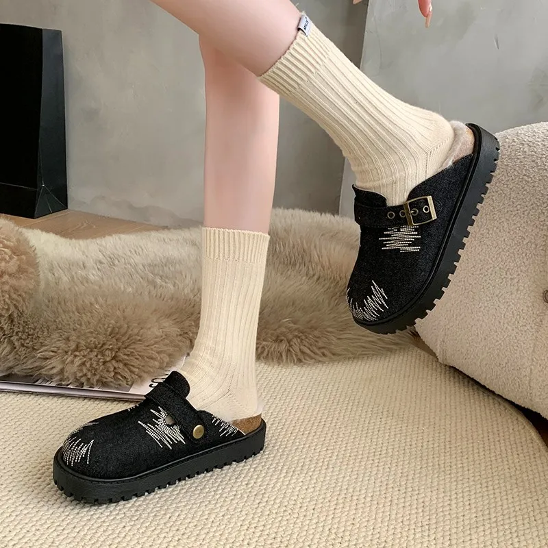 Womens Velvet Slippers with Belt Buckle Mid-heel Close Toe Non-slip and Wear Resistant 2024 New Winter PU Black Cotton Slippers