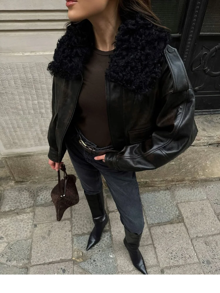 

Women Black Fur Collar Pu Leather Jacket Full Sleeves Loose Pocket Zipper Short Coat 2025 New Lady Autumn High Street Wear