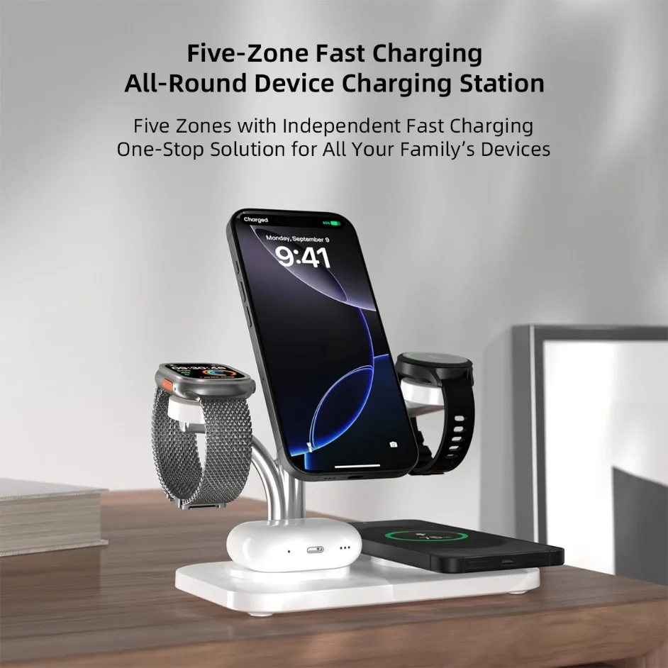 

Настольное магнитное беспроводное зарядное устройство 5 в 1, часы с двумя телефонами для iPhone 17 ~ 12 Samsung Apple/Galaxy Watch Aipods Pro/Buds