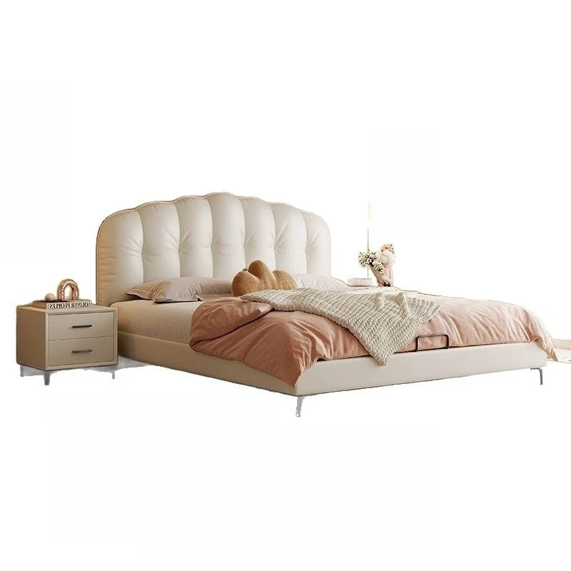 Wabi Sand Wind Simple Modern Leather Bed, Master Bedroom Queen Bed, Soft Bag Storage Double Bed