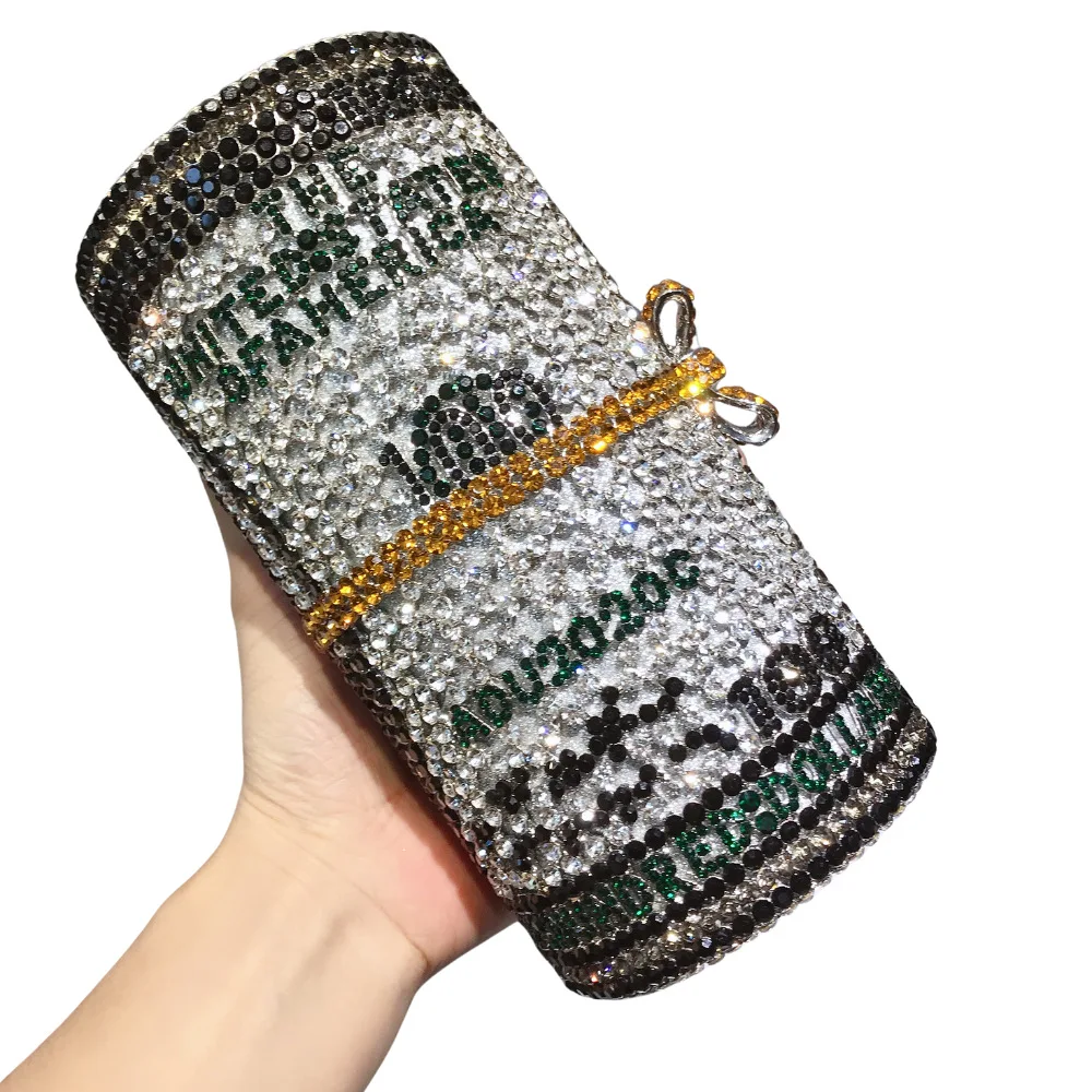 

A Roll Of Dollar Crystal Bag Banquet Clutch Bag Cylindrical Diamond-encrusted Dinner Metal Space Sac À Main Femme Luxe De Marque