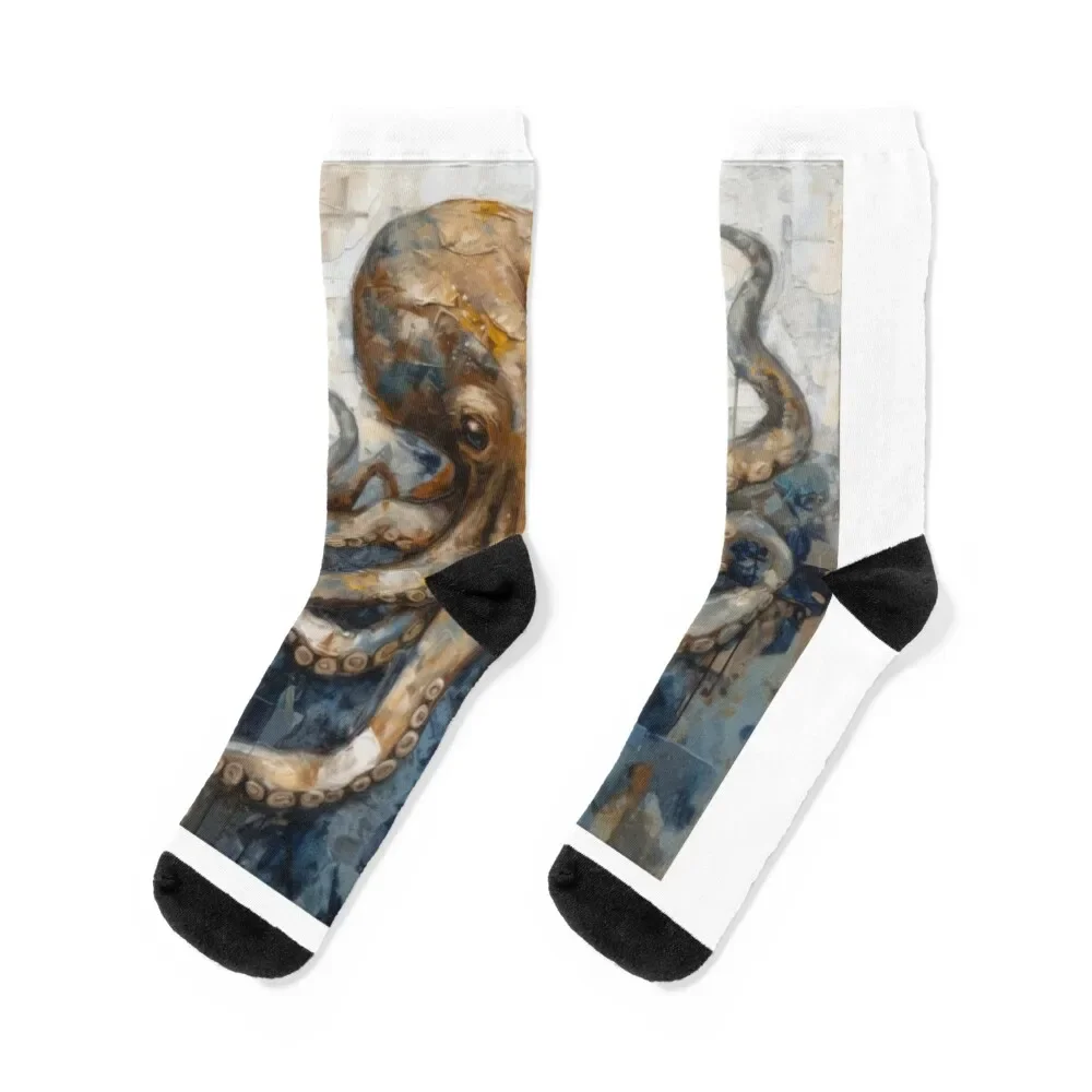 Octopus III Open Tentacle Undersea Oil Palette Painting in Neutral Colors Socks fashionable Socks Male Women's