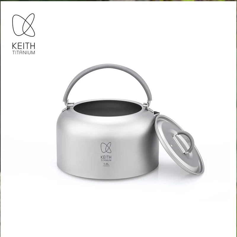 KEITH 1L Pure Titanium Kettle with Folding Handle, Lightweight Portable Coffee Tea Pot for Outdoor Camping Hiking Picnic