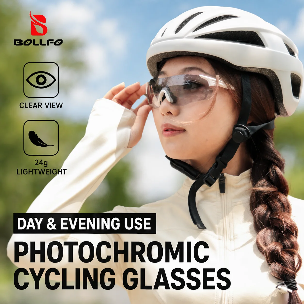 BOLLFO Photochromic Cycling Glasses 24g Lightweight PC Lens TR90 Temples Day Night Sunglasses for Running Climbing Road MTB