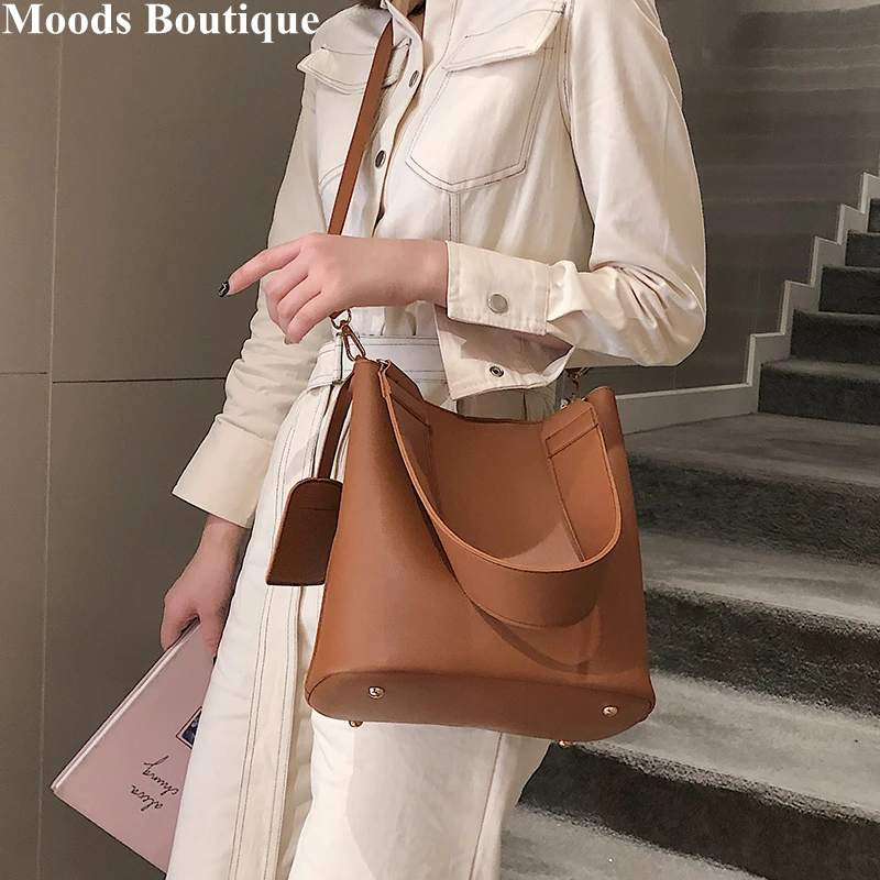 MOODS 2 Pcs/Set Crossbody Bags For Women 2023 Luxury Designer Handbag Pure Color Casual Totes Large Capacity Bucket Shoulder Bag