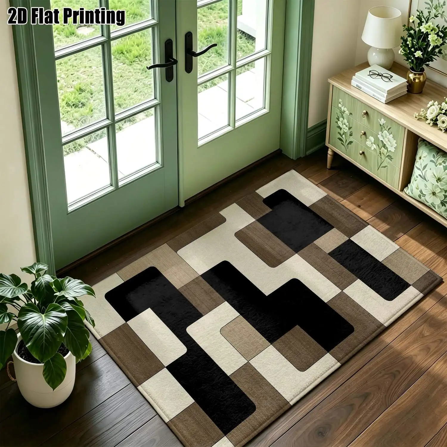 1Pc 2D Printed Black Brown Geometric Block Carpet, Nordic Modern Minimalist Vintage Instagram Style Floor Mat, Multiple Sizes, Machine Washable, for Entrance, Dining, Foyer, Living, Bedroom, Study Home Decoration
