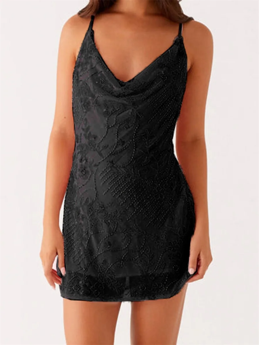 Nuovo mini abito da donna con paillettes ricamate con perline e collo ad anello, abito senza maniche, moda estiva, streetwear S-XL