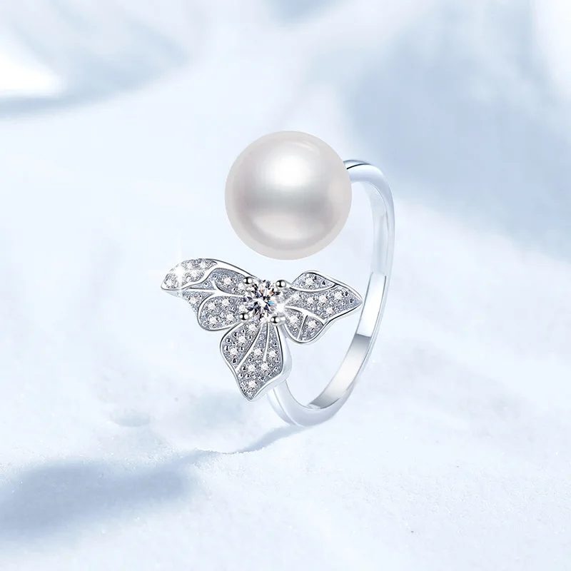 Platinum PT950 18K Gold Women's Moissanite Ring Women's Clover Natural Freshwater Pearl Adjustable Light Luxury Accessory