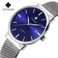 WWOOR Men's Watches Luxury Ultra thin Waterproof Stainless Steel Watch For Men Sport Quartz Clock Mens Date Business Wristwatch