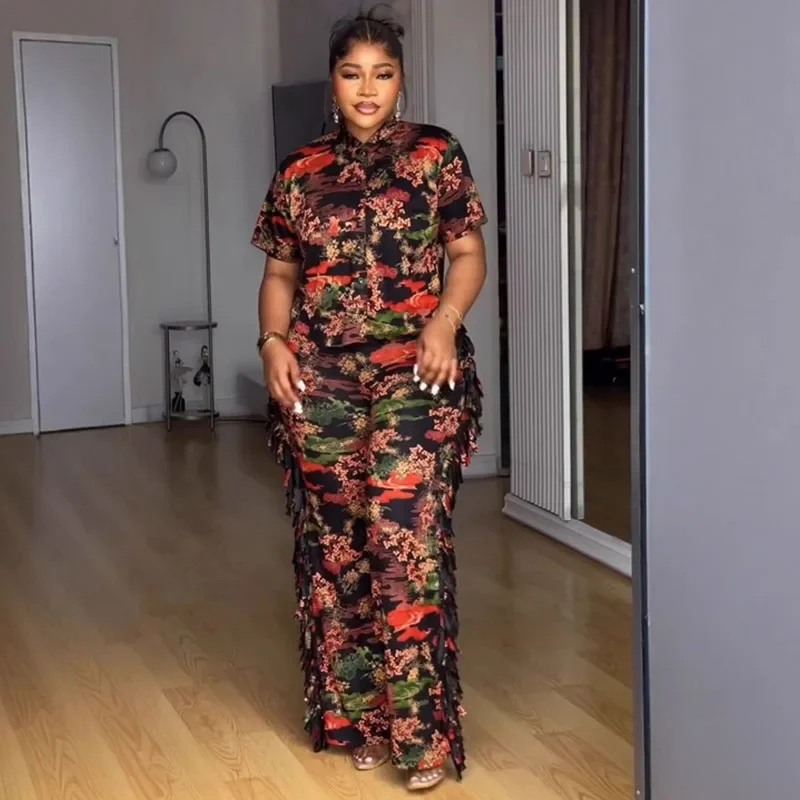 

Doyerl Printed Summer Outfits Women Two Piece Set Y2K Club Turn-down Collar Button Up Shirt Top and Tassel Pants Matching Sets