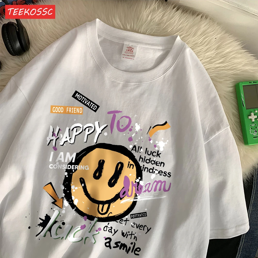 Summer Cotton Women T-Shirts Fun Graffiti Cute Smiling Face Prints Tees Breathable Loose O-Neck Casual Street Female Clothes