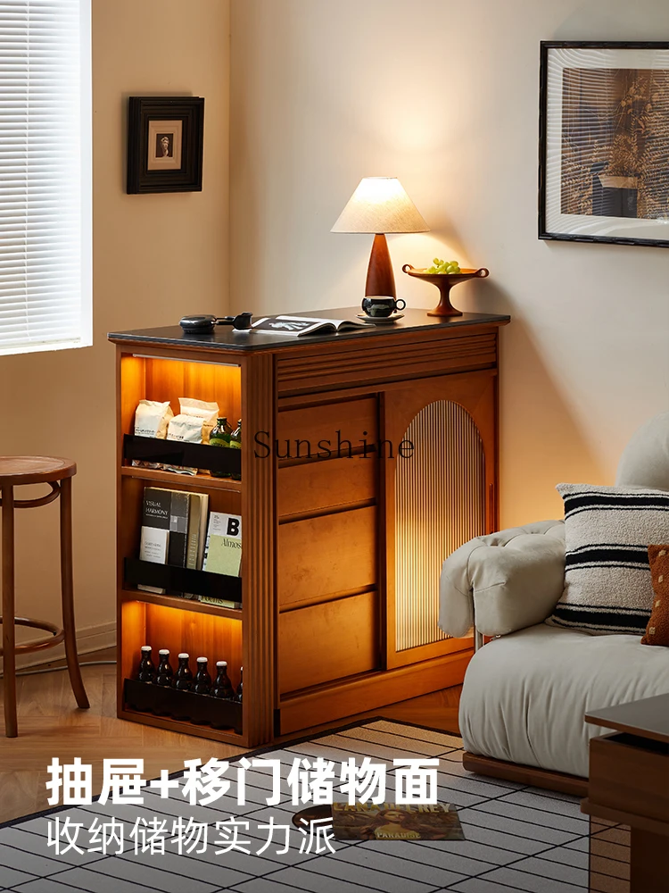 Retro bar cabinet solid wood rock slab island table small apartment retractable table living room operation table locker