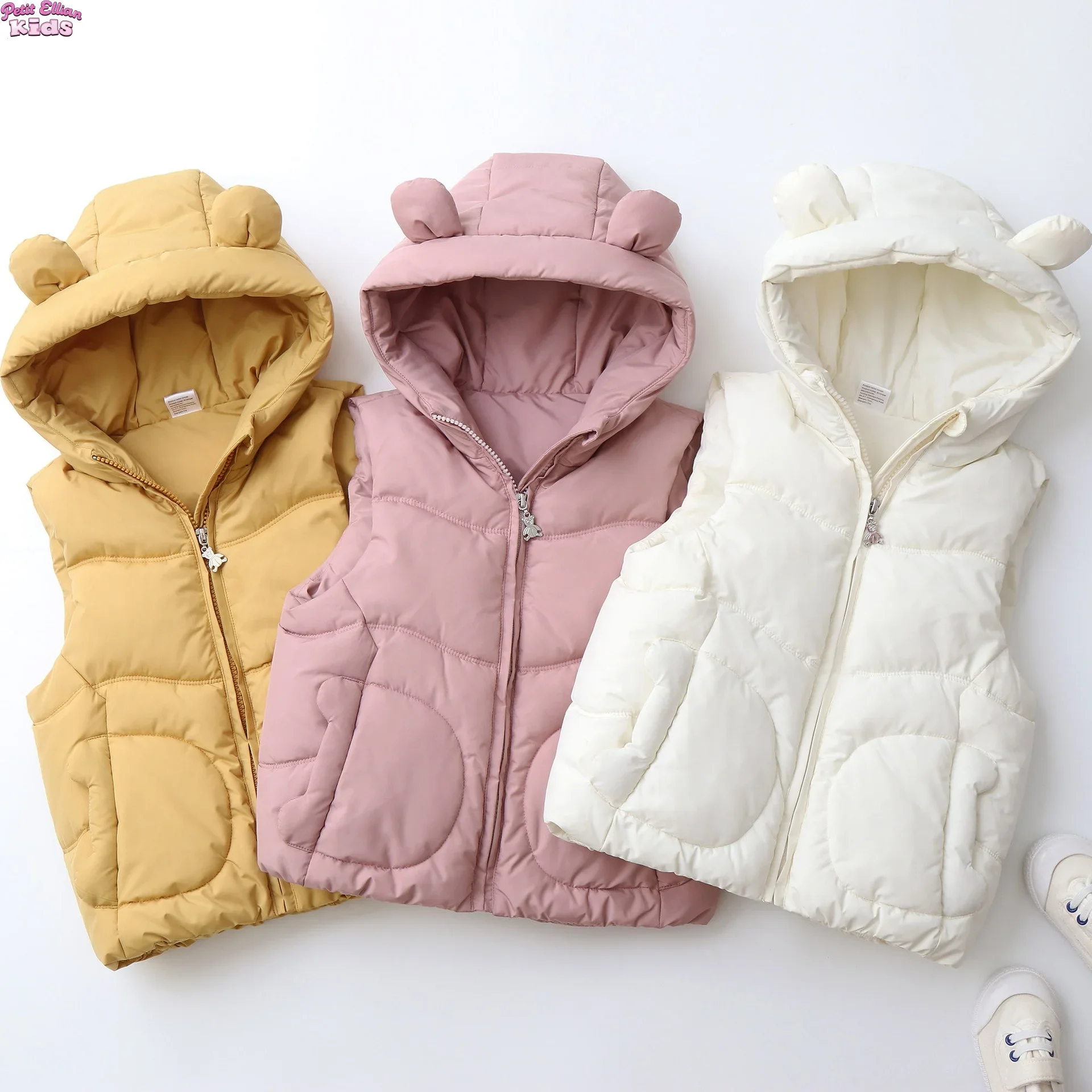 

2-5Y Kids Girls Boys Winter Quilted Top Vest Candy Color Hooded Vest Bear Ear Detail Cotton PaddedWarm Autumn Children Outerwear