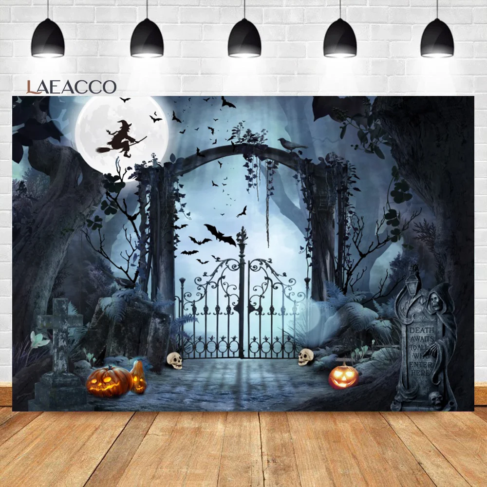 

Laeacco Halloween Backdrop Horror Moon Night Scary Cemetery Pumpkin Lantern Kids Adult Birthday Portrait Photography Background