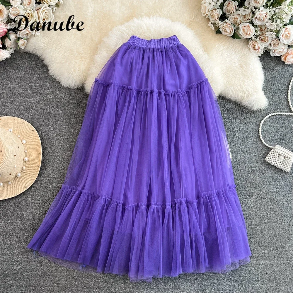 Vintage Tutu Tulle Pleated Long Skirt Women Spring Summer Elegant Design Luxury High Waist Mesh A-line Party Skirt Faldas Saias