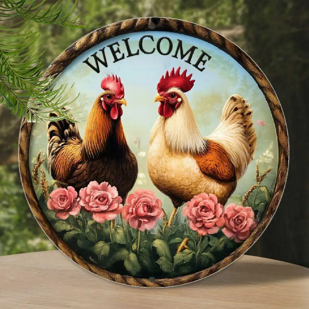 

2D Flat, 1pc Vintage Farmhouse Round Aluminum Wall Art - Rustic Rooster & Hen Welcome Sign With Floral Accents, All-Season Indoo