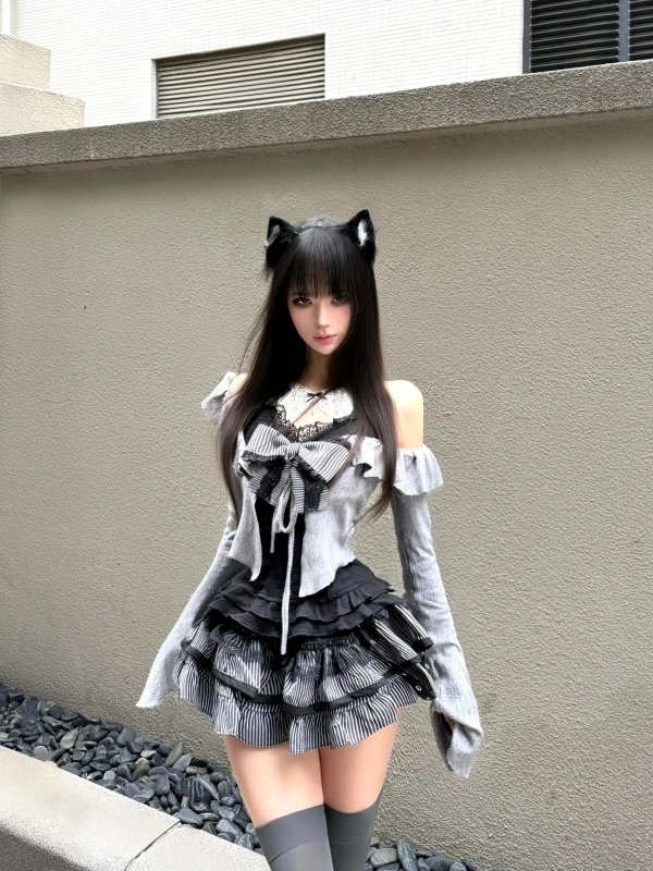 

Fall Fashion Spicy Girl College Style Grey Knitted Open Cardigan Neck Hanging Inner Top Puffy Cake Skirt Three Piece Set Women
