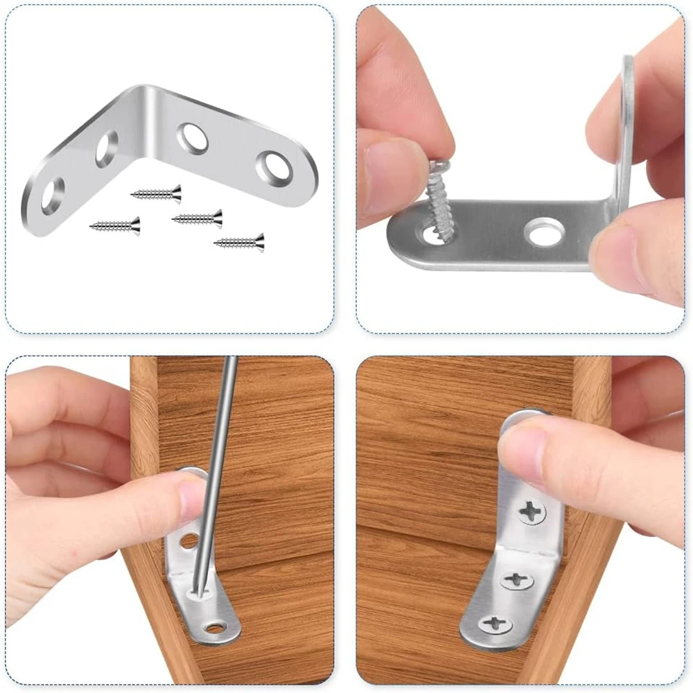 10pcs Corner Brackets, Stainless L Shaped Bracket,40mmx40mm, 90 Degree Metal Angle Brackets, for Furniture, Wood, with 40 Screws