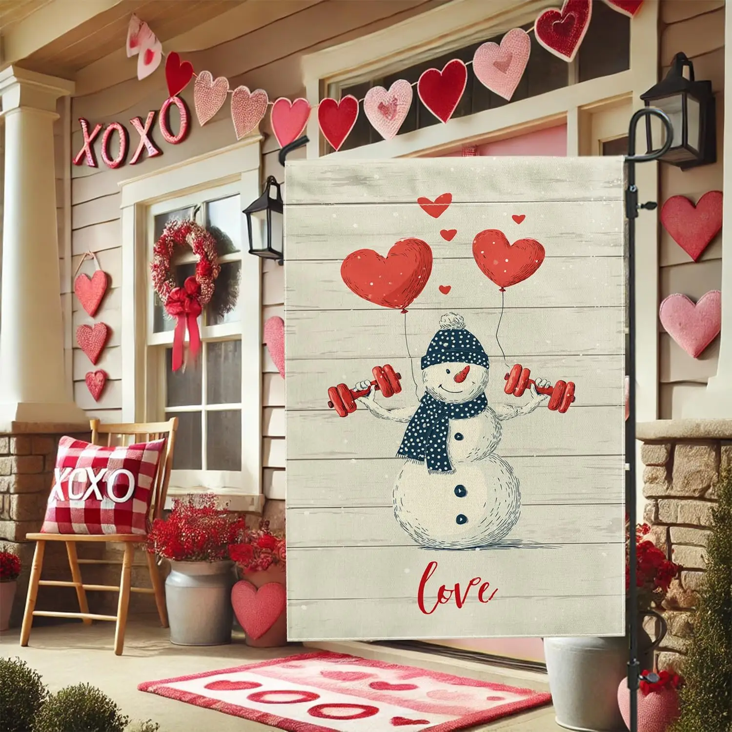 Snow Man Garden Flag, Winter Playful Hearts Dumbbells Winter Red Burlap Double Sided Yard Decorative Flags for Outdoor Front IIC