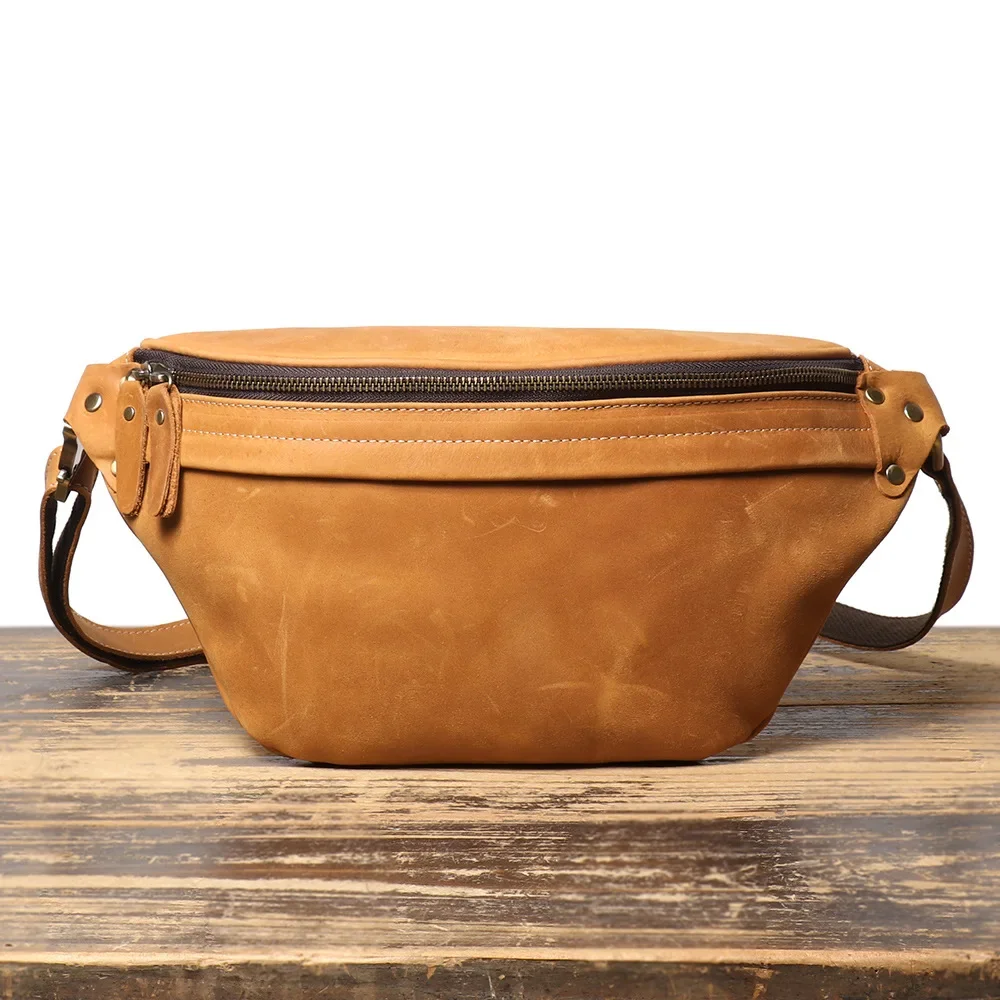 Bolso de pecho de cuero vintage para hombre, bolso cruzado de cuero Crazy Horse con múltiples funciones