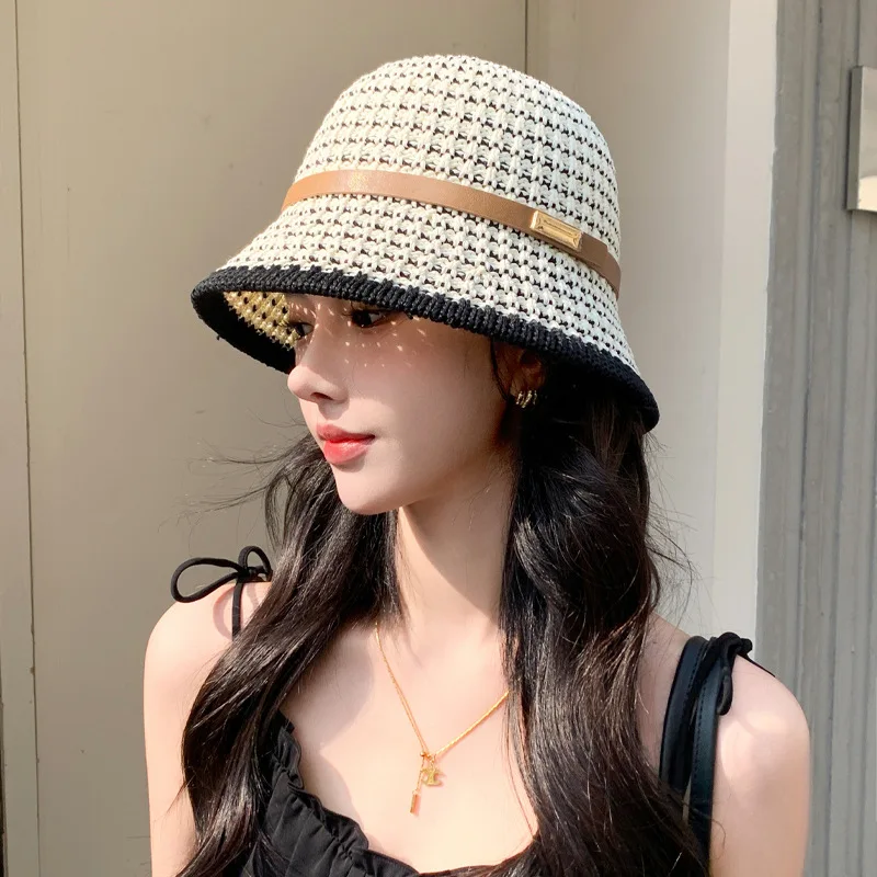 Korean spring-autumn women's hat, knitted leather buckle fisherman hat, all-match breathable face-slimming sunshade