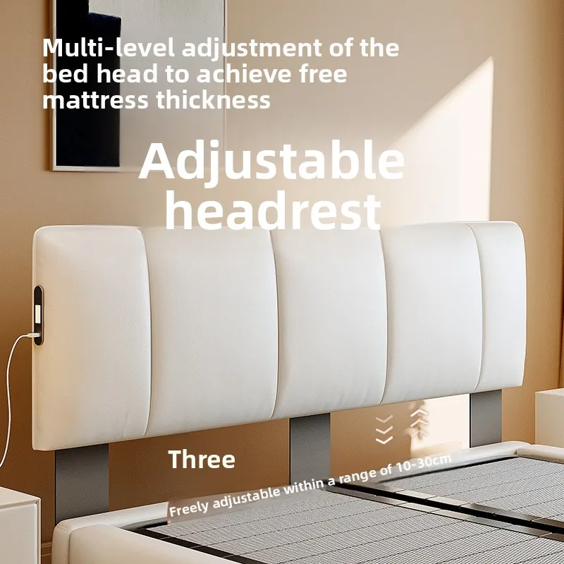 Ultra-thin bedside leather bed small apartment cream wind double master bedroom soft bag translation electric storage bed