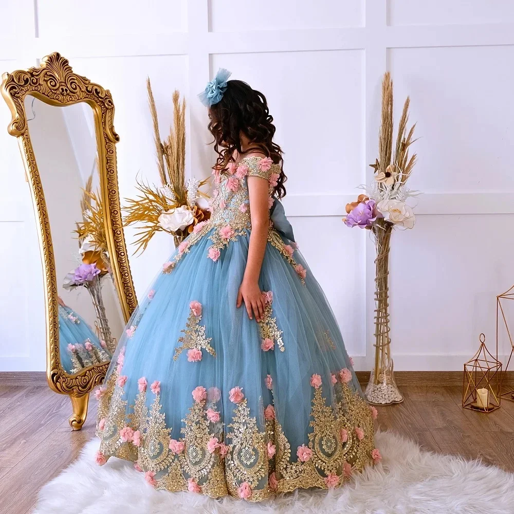 Blumenmädchenkleid Wunderschöne goldene Applikationen Quinceanera Geburtstag Abschlussball Lange Prinzessin Kleider Blumen Baby Mädchen Hochzeit Party Kleider