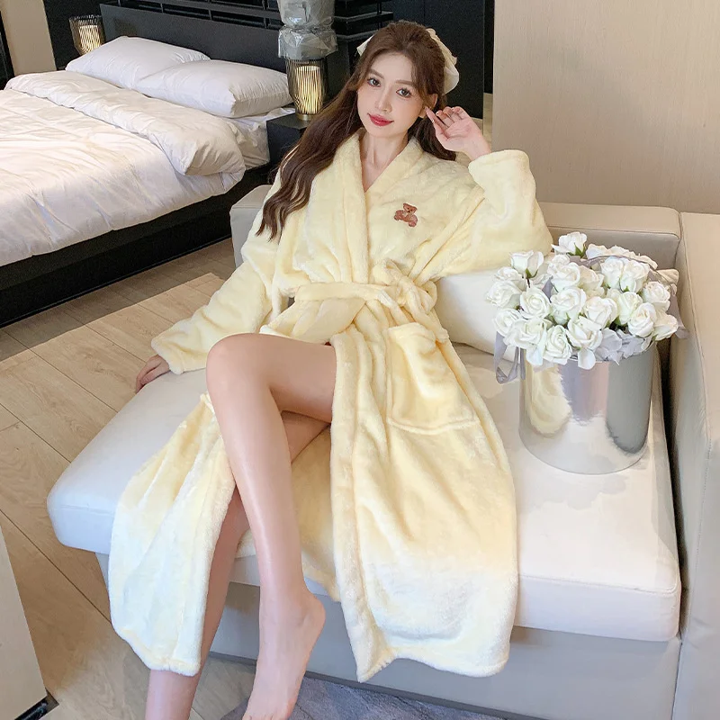 2023 New Warm Nightgown Women Autumn Winter Sweet Sexy Coral Fleece Thickened Long Pajamas Bathrobe Home Wear