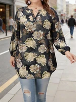 Plus Size Women's Vintage Floral Print V Neck Buttoned Long Sleeve Tunic Top Casual Slimming Daily Shirt