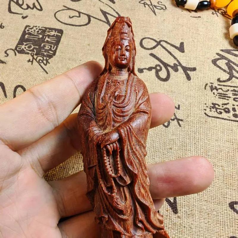 

Статуя бодхисаттвы Гуаньинь ручной работы из агарового дерева - 4,7-дюймовая деревянная скульптура с полной звездой и благовонием для домашнего декора и подарка