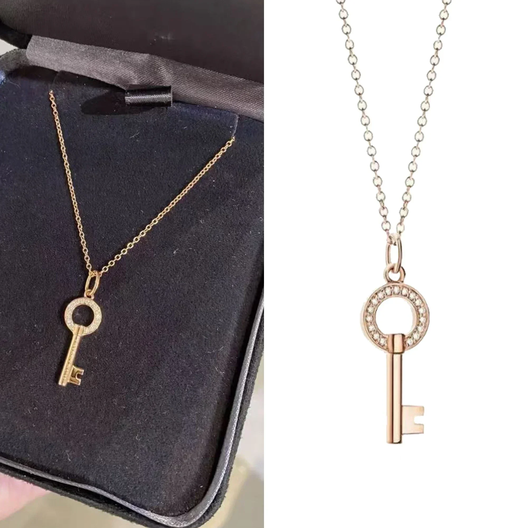 

T Design Light Luxury Diamond Set Key Pendant Necklace Pure Silver S925 High Quality Smooth Surface Necklace Keys Series