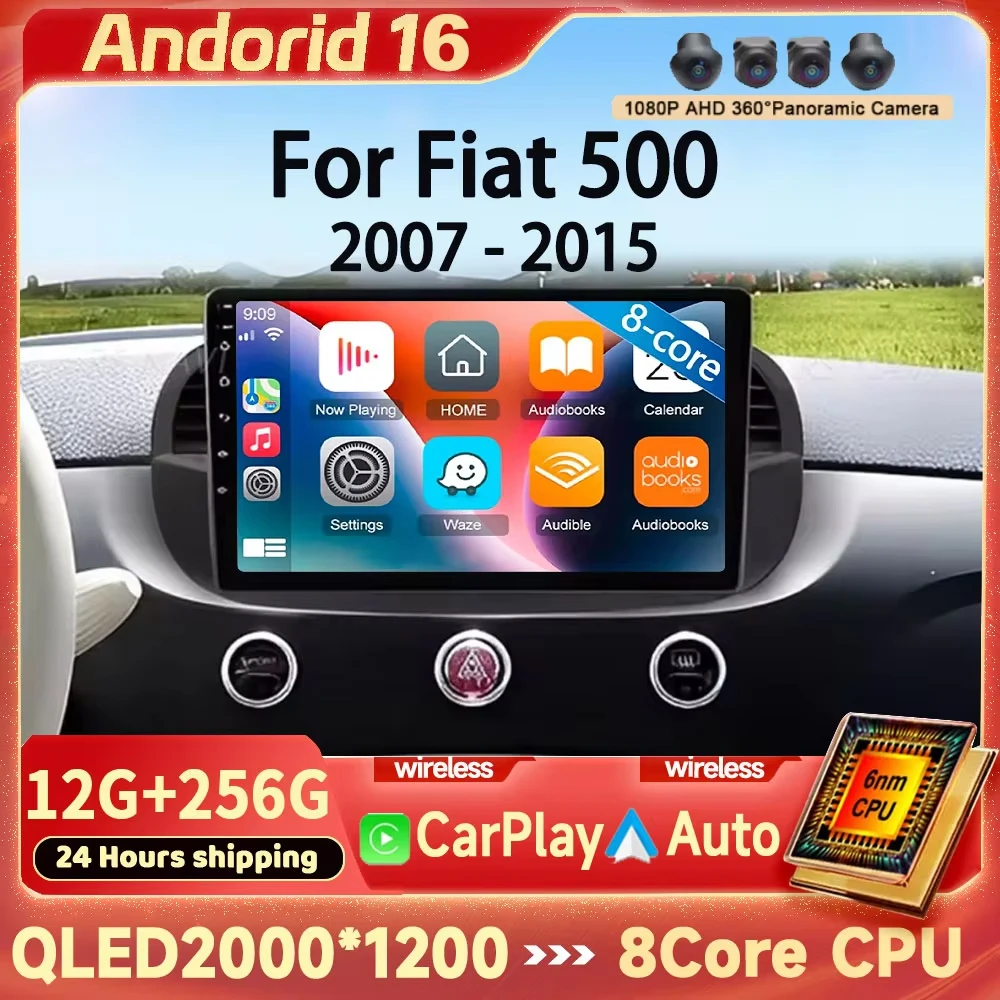 Android 16 Car Radio For Fiat 500 Navigation GPS Multimedia Player stereo WiF+4G SIM BT wireless auto Carplay 360 Camera 2 DIN