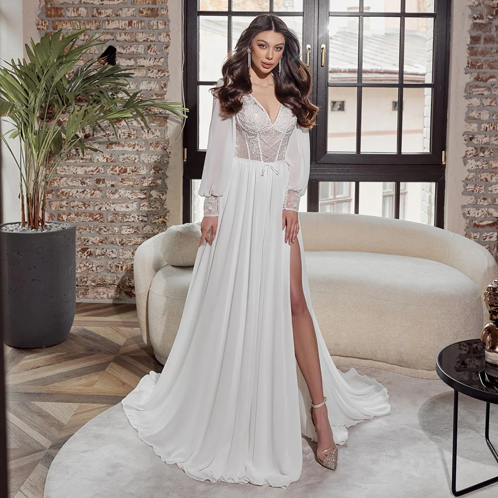 

High Quality Chiffon Wedding Dress Sexy Lace V-neck Long Sleeves Bridal Gowns with Side Slit Sweep Train A-line Vestido De Novia