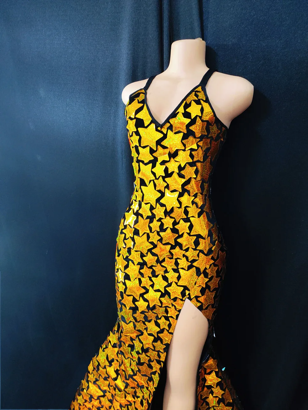 Disfraz de cantante con diseño de estrella dorada brillante, vestido largo con tirantes divididos y espejo láser, ropa de actuación para fiesta de cumpleaños y espectáculo