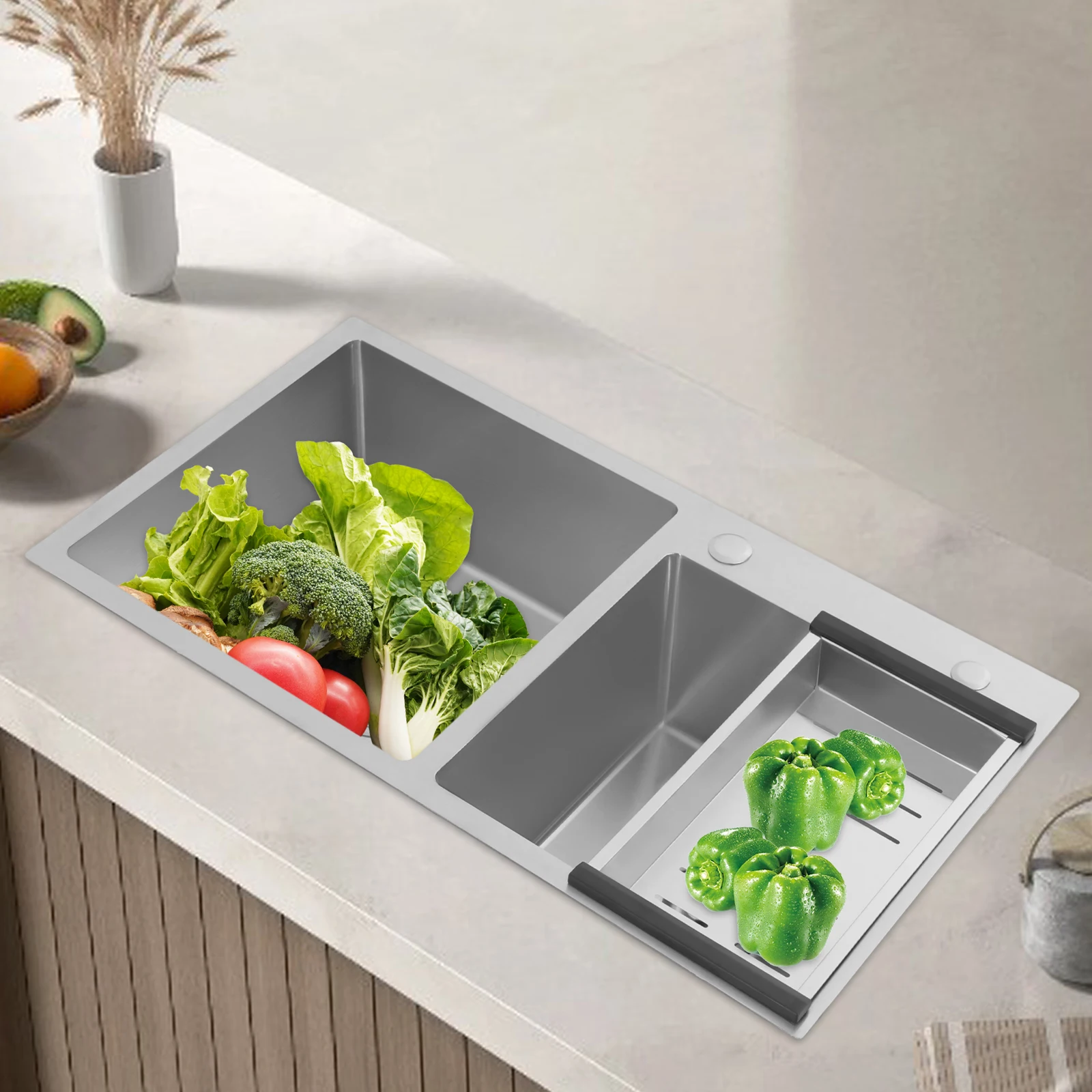 더블 보울 스테인레스 스틸 싱크대 주방 싱크대 배수 바구니 78x43cm 와이어 드로잉 마감