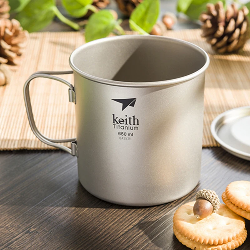 

Keith Titanium Mug Single Wall Cup 650ml Outdoor Travel Hiking Camping Drinkware Water Cup Foldable Handle Titanium Lid Ti3208