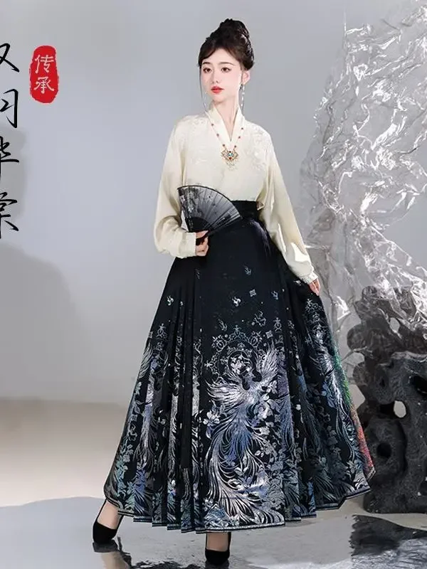 

ntage Women Chinese Traditional Hanfu Cardigan Shirt Pleated Mamian Skirt Chinese Hot Hanfu Shirt Horse Face Skirt Set