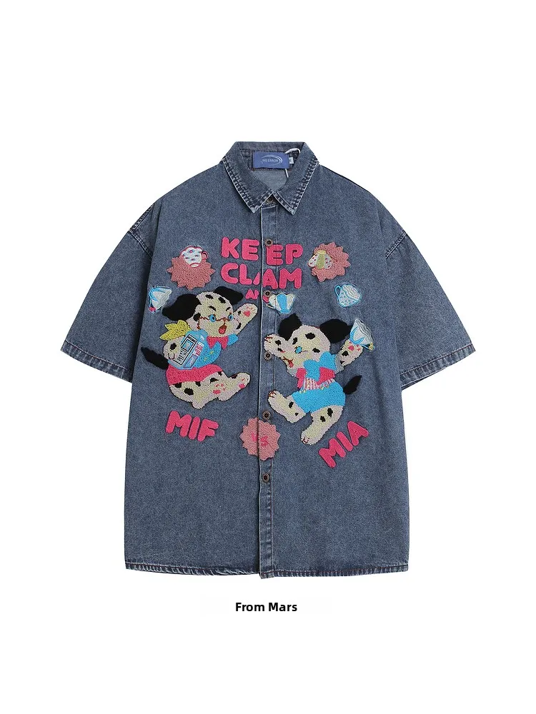 

Loose Fit Summer ort Sve Embroidered Denim irt from Youth Faion College Sle Casual irt for Men And Women