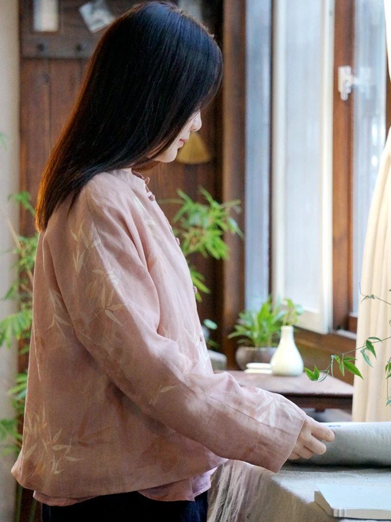 

Легкий бамбуковый шелк n оригинальный розовый женский кардиган Тан костюм весенняя модная традиционная китайская блузка