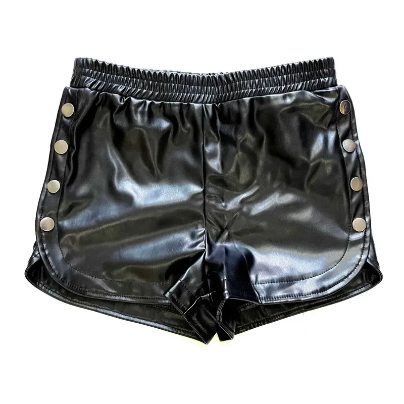 Sexy side buttons women Black ultra PU leather shorts women's autumn and winter high waist bottoms tight sexy club shorts Y2K oi