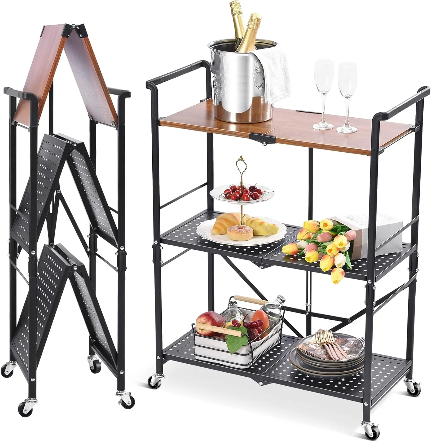 

3-Tier Storage Shelving Unit with Lockable Wheels, Freestanding Metal Rack