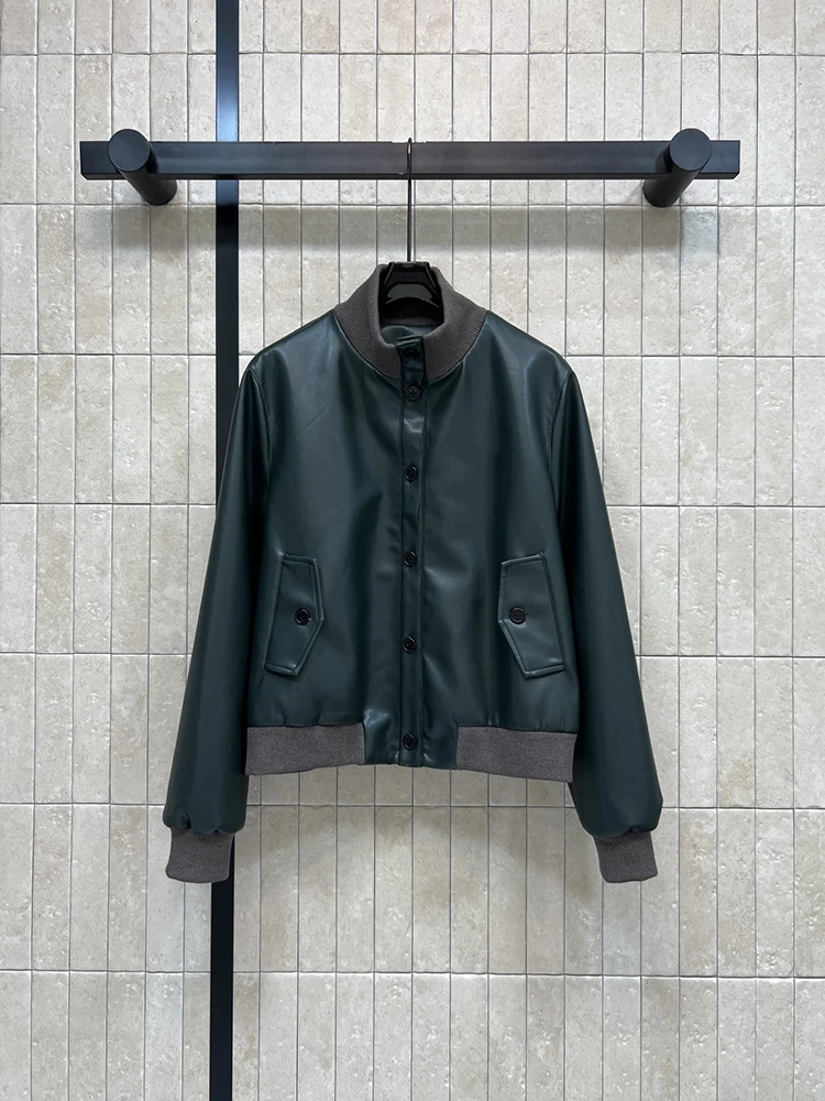 Spring Autumn Fashion Dark Green Vintage Genuine Leather Jacket Women's Stand Collar Patchwork Long Sleeve Diagonal Pockets Coat